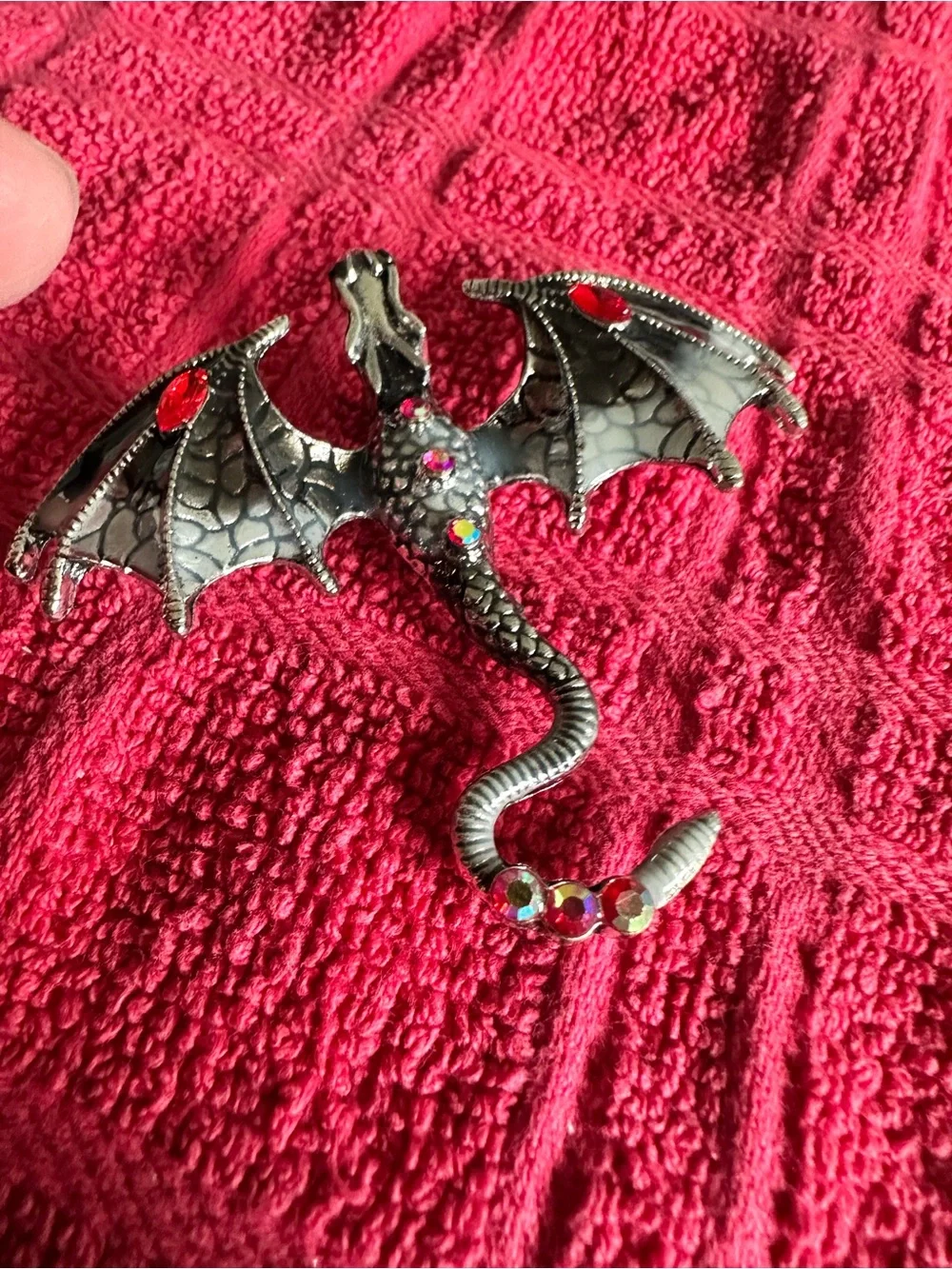 Source Unknown Silver Dragon Brooch with Red Gem Accents